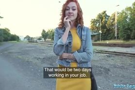 Redheaded girl wtih a cute face gets fucked outside