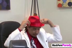 Busty ebony chick blows big black dong in office