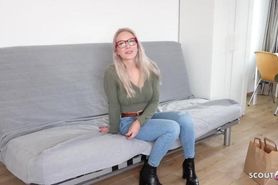 German Scout Vivi Vallentine: Blond Teen in Glasses and Stockings Has Public Casting Encounter and Intense Facial