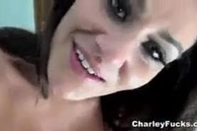 very sexy horny latina gives him a bj in her bathroom