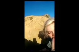 Blonde teen gives deepthroat blowjob to her bf outdoors.