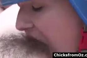 Aussie amateurs lick hairy pussy in lesbian threesome