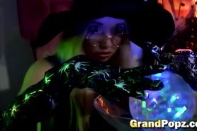 Cute blonde in costume seduces grandpa and gets fucked at Halloween party
