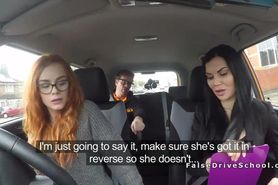 Threesome ffm fuck in fake driving school car (St?? Jerking Off! Join Now: H?otDa?ting24.com)