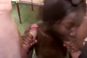 Black hottie handles two white cocks in threeway