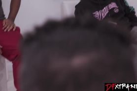 Harley King blowbanged by 20 black dudes and they all cum over her face!