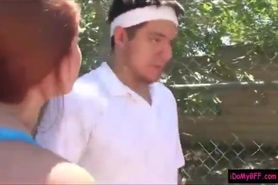 Redhead teen pounded by her tennis coach while her BFF watches