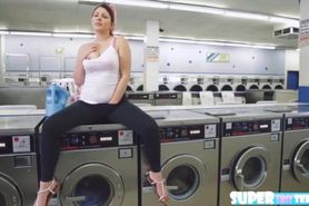 Big boobs and super tiny Cali Hayes gets fucked by laundromat owner