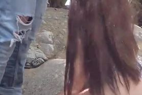 Hottie wife suck huge cock at public national park and not scary to be caught until cum shot on face