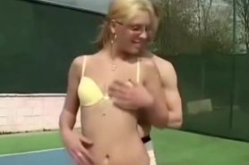 Blonde girl licks guy ass and bangs him with strap on