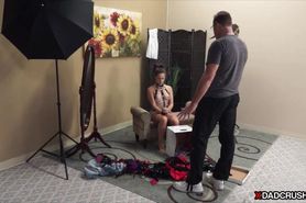 Cute brunette teen stepdaughter fucks stepdad in his studio