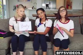 Three besties flashed their nice titties to new foreign boy classmate