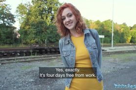 Public Agent Sexy redhead waitress sucks dick and gets fucked doggystyle outside in public