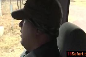 Black teen sucks and licks hard white cock during safari