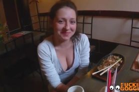 Russian slut drilled in the public toilet