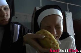 Lesbian nuns gags on toy