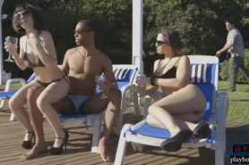 Black guy with 2 girlfriends outdoor threesome screw