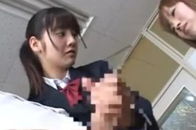 Japanese schoolgirls stop the time and give a boy handjob