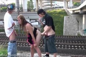Blonde teen girl in railroad PUBLIC orgy gang bang in broad daylight
