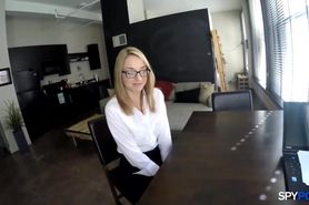Blonde with creamy skin takes POV creampie at interview