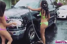 Bitchy ladies washes a mans car and his cock after