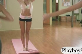 Yoga exercise by busty blonde yoga teacher to stay fit