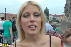 Blonde Cat on Prague Tour: Outdoor POV Action with Stockings