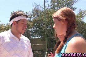 Teen redhead fucks with her tennis instructor outdoors