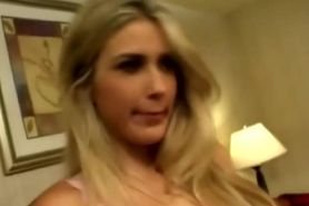 Hot blonde sucks on dick then rides it like a pro