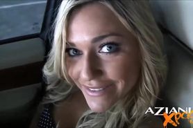 Super sexy Blonde getting dressed in car and showing off in public