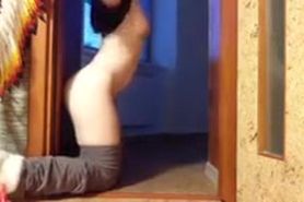 Redhead films herself riding a mounted wall dildo