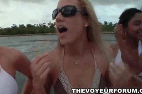 Amateur lesbian bikini babes have a playful orgy on a boat