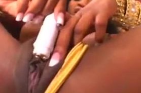 Perfect ebony slut toys her pussy while getting pounded