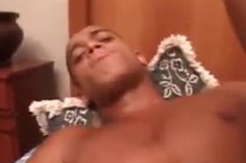 Latina hottie toys boyfriend's asshole on bed using big strap-on dildo
