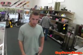 Baited pawnshop customer sucks dick