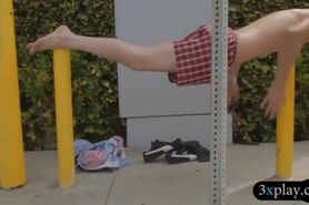 Three sexy ladies planking on the street for some money