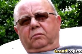 Hot slut gives this lucky grandpa an awesome blowjob