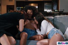 Lesbian roommates end up licking big tit milf psychics pussy