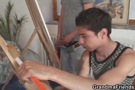 Two young painters screw nude granny