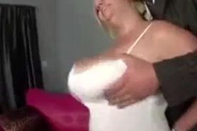 Hung businessman helps big boobed blonde BBW to sexercise