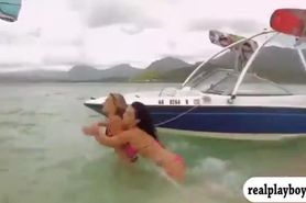 Curvy huge tits babes enjoying kite surfing while naked