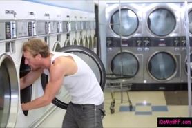 Sexy besties have fun with one lucky guy in laundry area