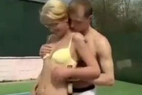 Blonde tennis players ends sucking her trainers cock