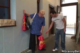 Busty blonde granny is riding the cock of the older man