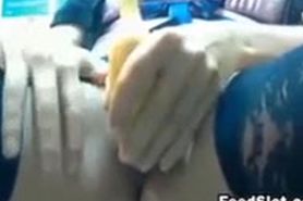 Horny Russian Using A Banana At Work