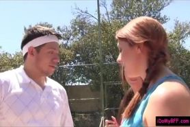 Two hot besties enjoyed pussy pounding with tennis coach