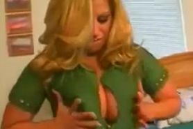 sexy busty blonde cougar hottie plays with her big boobs, masturbates heavily on camera & fills her mouth & pussy with h