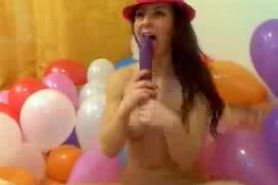 Balloon Fetish Brunette Dildos Her Pussy On Webcam!!