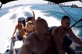 Teen hotties get naked and fucking on a speed boat