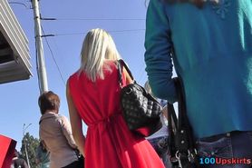 Blond in hot red suit darksome up petticoat